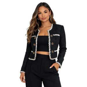 Ann Taylor Chanel Inspired Black Tweed Braided Trim Double Breasted Blazer